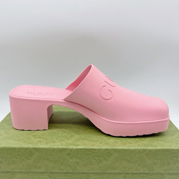 Gucci Logo Rubber Platform Heel Clogs Mules Slip On 725899 Pink Wms EU 39 US 9 - Picture 10 of 14